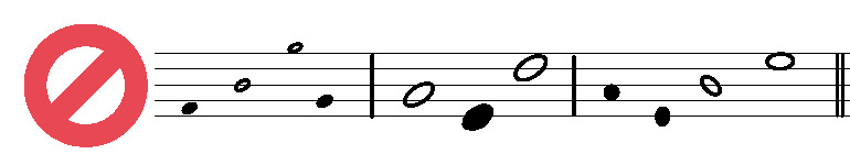 Shows incorrect examples of noteheads. Some of the noteheads are too small, some are too big, and some are the wrong shapes. Noteheads on both lines and spaces are depicted, and there are both open and filled in noteheads.