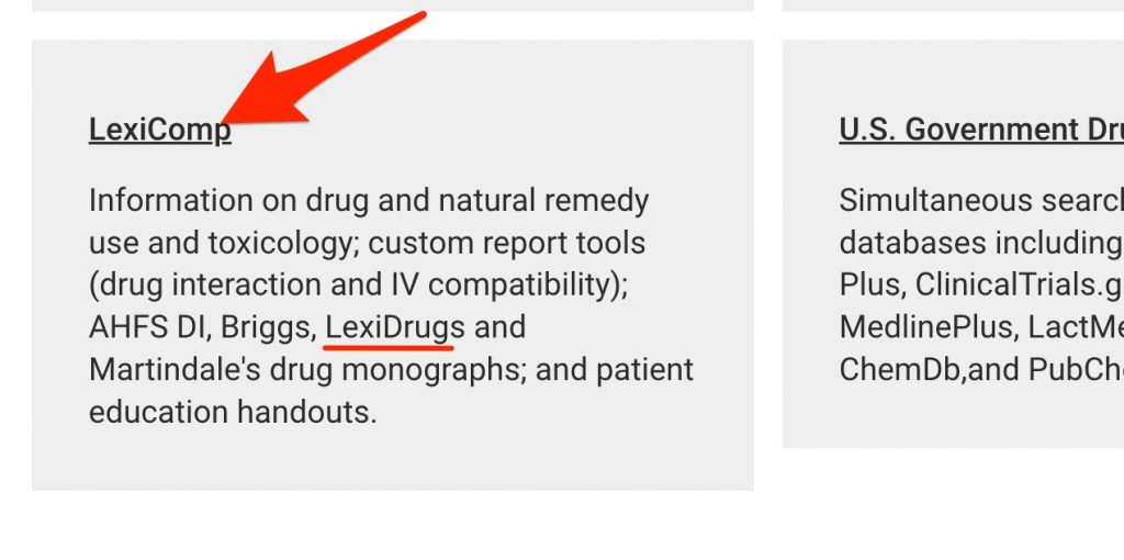 A screenshot shows the appearance of the LexiComp link and points out that LexiDrugs is included