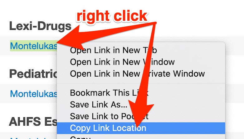 A screenshot of the LexiDrugs heading and monograph title. The menu produced by right-clicking on the monograph title is shown. "Copy Link Location" is highlighted.