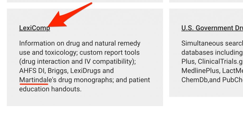 A screenshot shows the LexiComp link and points out that Martindale's is included