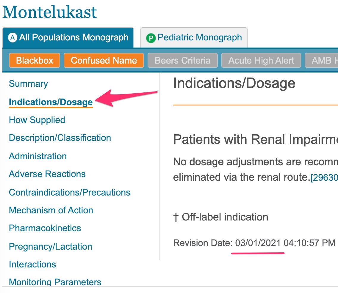 Screenshot of the "indications" section revision date