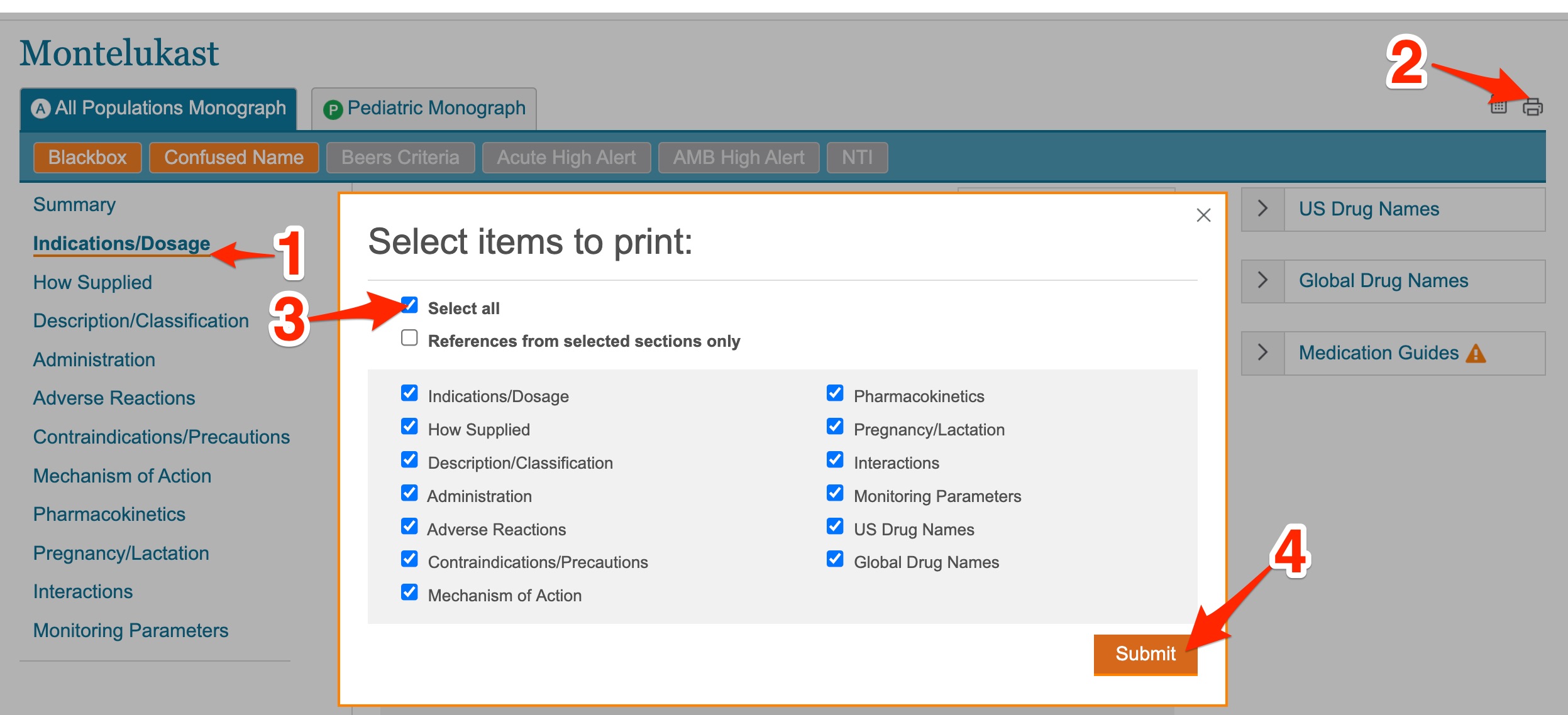 Arrows point to the positions of the items that must be clicked for steps 1-4