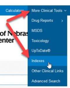 A screenshot of LexiComp's "more clinical tools" drop down showing selection of the "indexes" option.