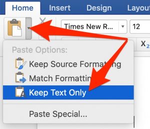 A screenshot of the use of the paste (Clipboard) menu to select "Keep text only"