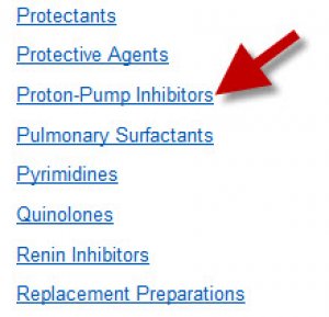 A screenshot of the section of the "therapeutic/pharmacologic category" list with an arrow pointing to "proton-pump inhibitors"