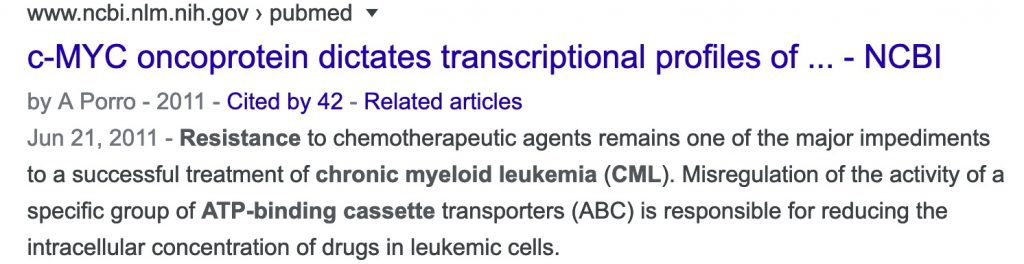 A screenshot of a Google serch result confirming that ATP-binding cassettes are discussed in the context of CML drug-resistance.