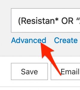 A screenshot shows the position of the "Advanced" link under the left-hand side of the PubMed search box.