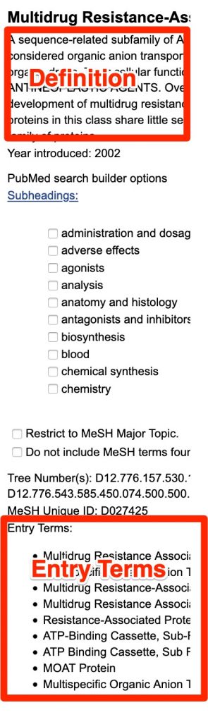 A screenshot showing the position of the definition and the entry terms in the record for a MeSH heading.