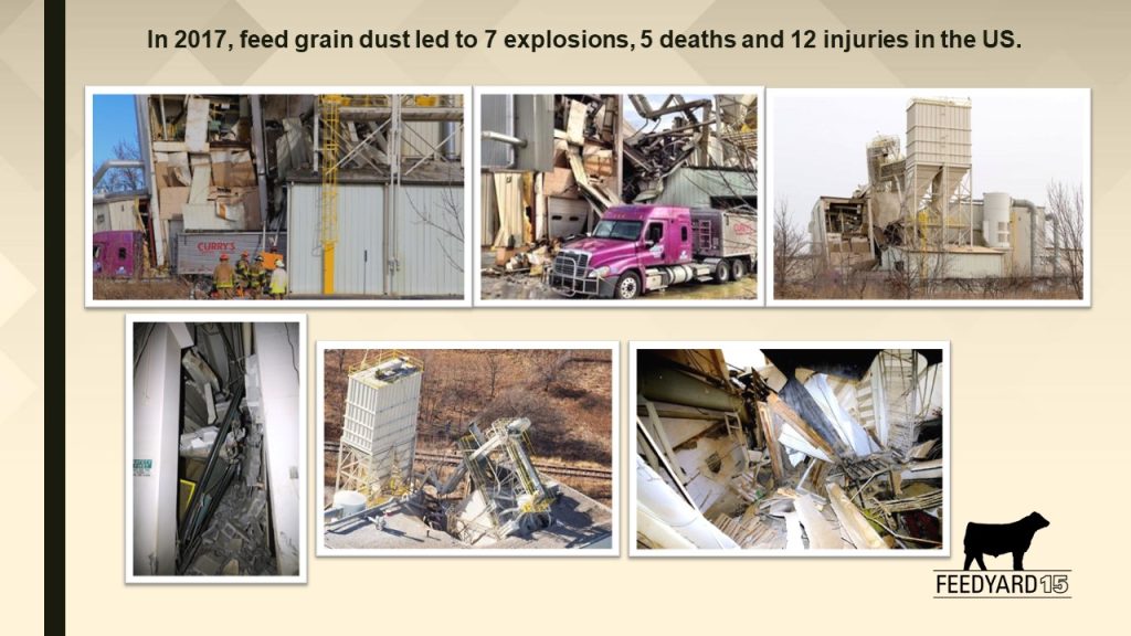 In 2017, feed grain dust led to 7 explosions, 5 deaths and 12 injuries in the US.