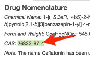 A screenshot of the "CAS Registry" entry in the Martindale monograph for omacetaxine.