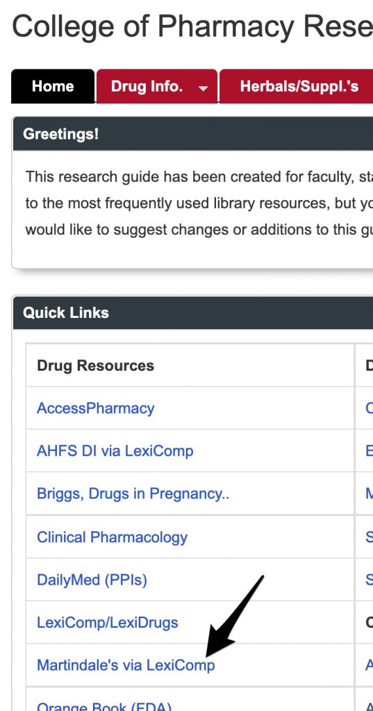 A screenshot of the Library's COP Research Guide showing the position of the "Martindale's via LexiComp" link.