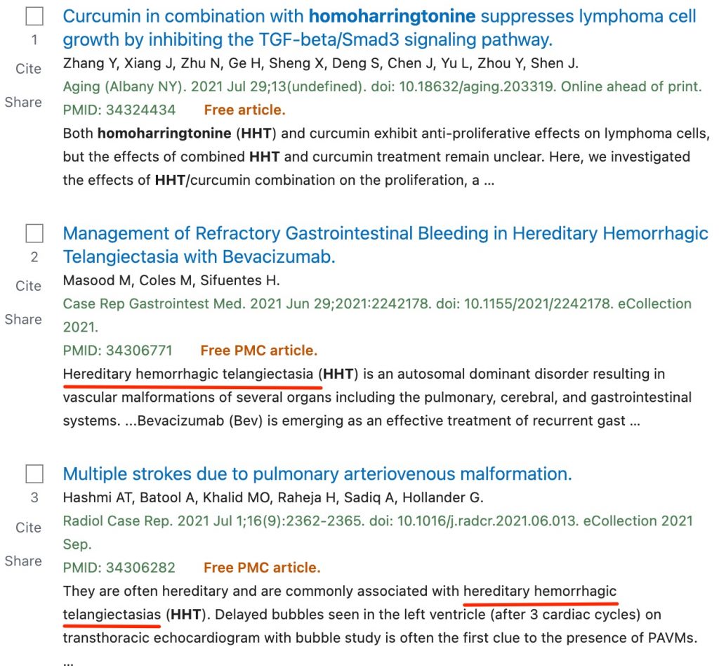 A screenshot of some of the results of the omacetaxine search show the irrelevant uses of HHT.