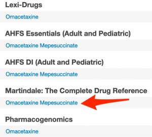 A screenshot of the LexiComp search results for omacetaxine. An arrow points to the Martindale search result.