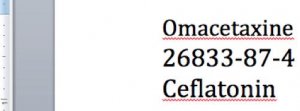 A screenshot of the Word document after addition of the name for omacetaxine shown in Martindale's "Note" field.