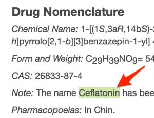 A screenshot of the "Note" link in the Martindale monograph for omacetaxine