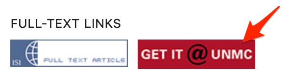 A screenshot of a publisher's button and an adjacent "GetIt@UNMC" button. An arrow points to the "GetIt@UNMC" button.