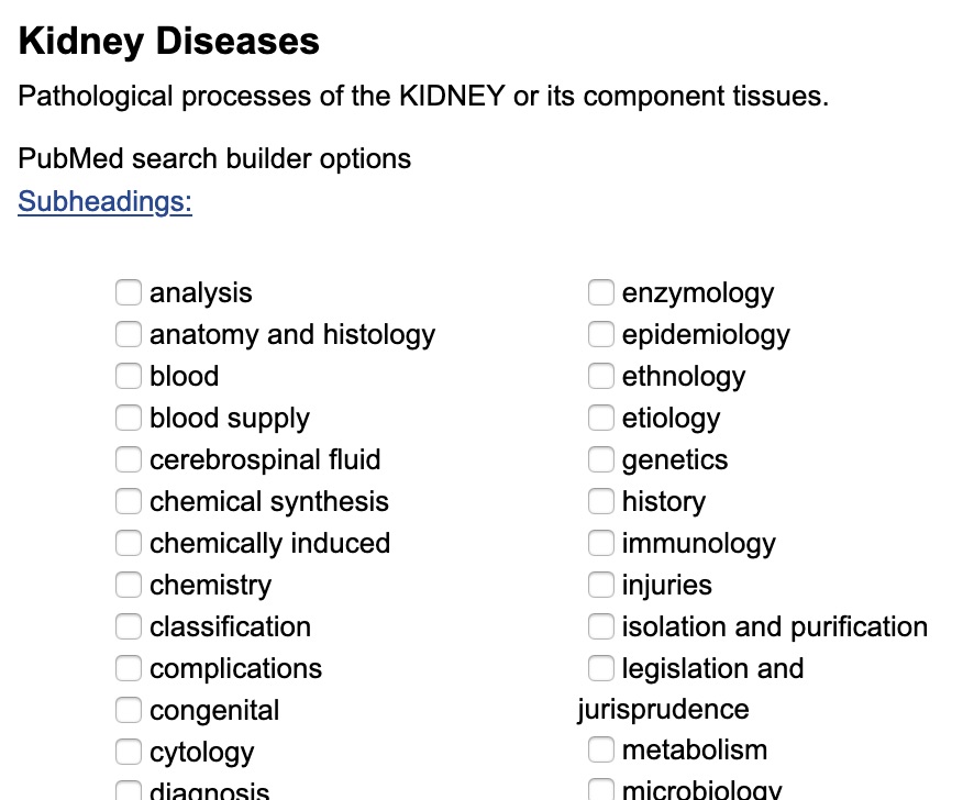 A screenshot of the subheadings area under the "kidney diseases" heading.