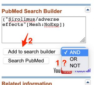 A screenshot of the "PubMed Search Builder" a "1 ?" is positioned on the "Boolean Operator" drop-down menu. A "2" is positioned next to an arrow pointing to the "Add to serach builder" button.