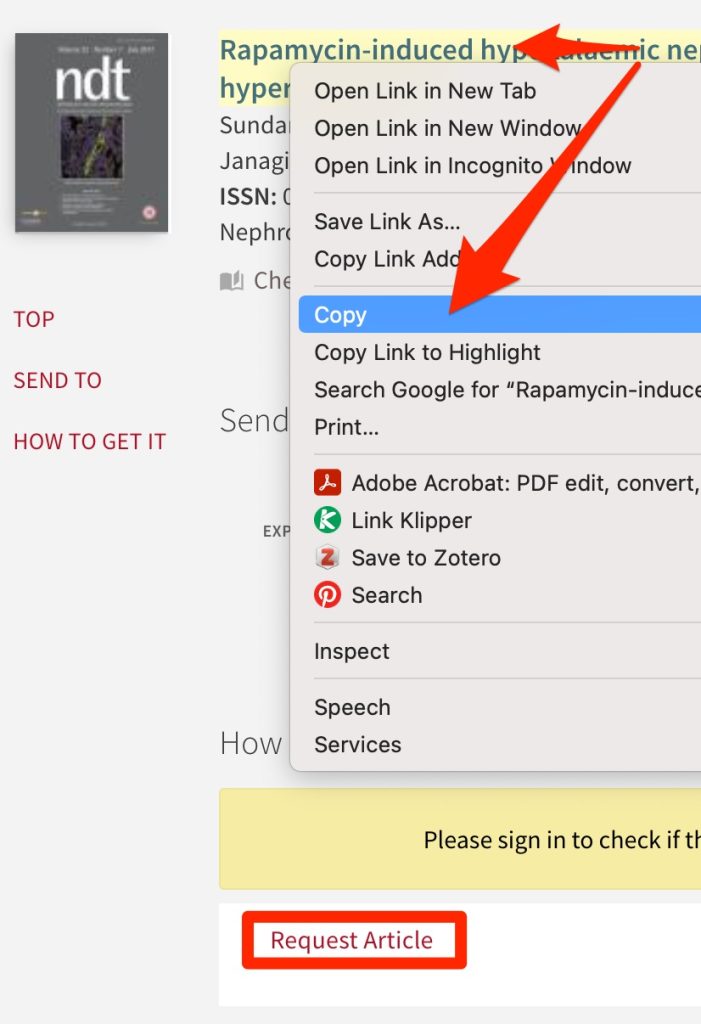 A screenshot shows the location of the "Request article" link and the selection and copying of the article title.