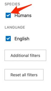 A screenshot shows the position of the "Humans" filter check-box.