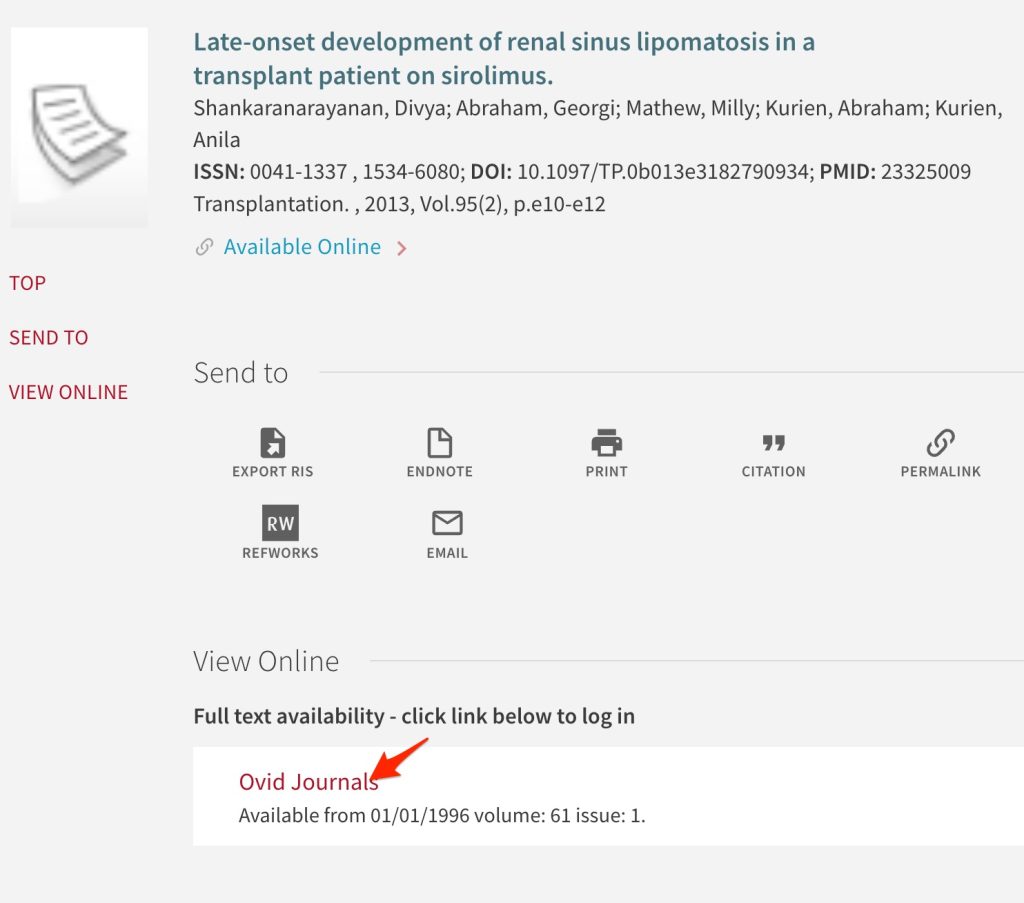 A screenshot shows the position of the links to full-text sources licensed by the library.