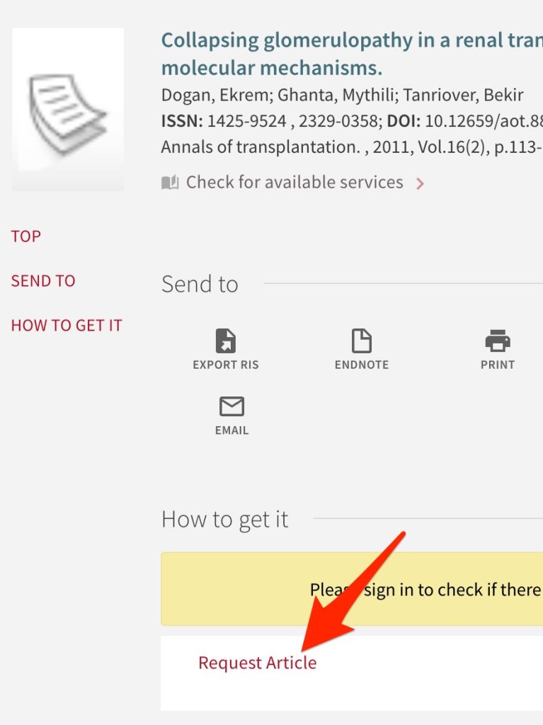 A screenshot show the position of the "Request Article" link.