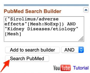 A screenshot of the "PubMed Search Builder" box after both heading/subheading combinations have been added. An arrow points to the "Search PubMed" button.