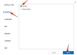 A screenshot shows the pop-up. The positions of the "Species" option, "Human" option, and "Show" button are indicated by arrows.