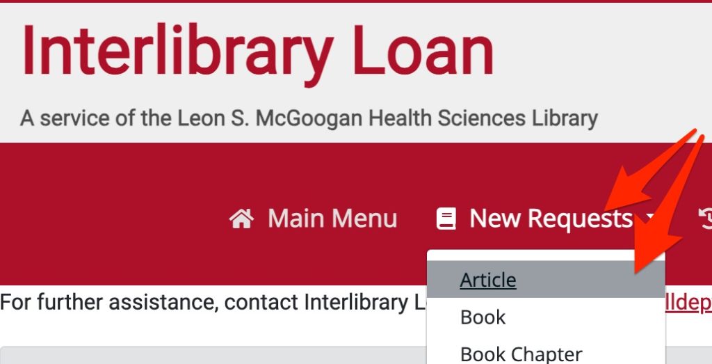 A screenshot shows the position of the "New requests" menu at the top of the interlibrary loan system's page.