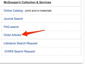 Screenshot of the "Order articles" link on the Library's COP Research Guide.