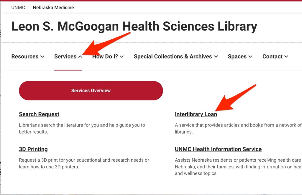 A screenshot shows use of the "Services" menu on the library homepage to reach the "Interlibrary Loan" option.