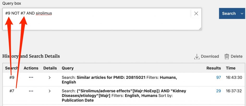 A screenshot shows construction of a search for similar articles not retrieved by previously constructed MeSH search that also contain the word "sirolimus"