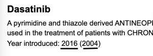 A screenshot shows the "dasatinib" heading's two introduction dates.