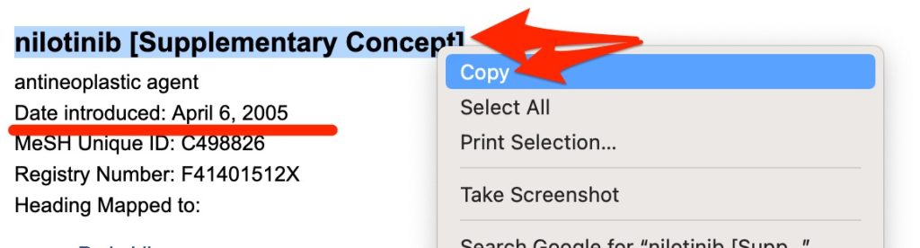 A screenshot of the "nilotinib supplementary concept" entry in the MeSH database. The heading is being copied. The introduction date is underlined.