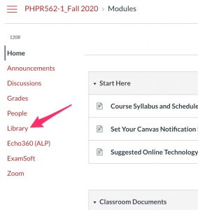 A screenshot showing the position of the "Library" link in the navigation column of a Canvas course.
