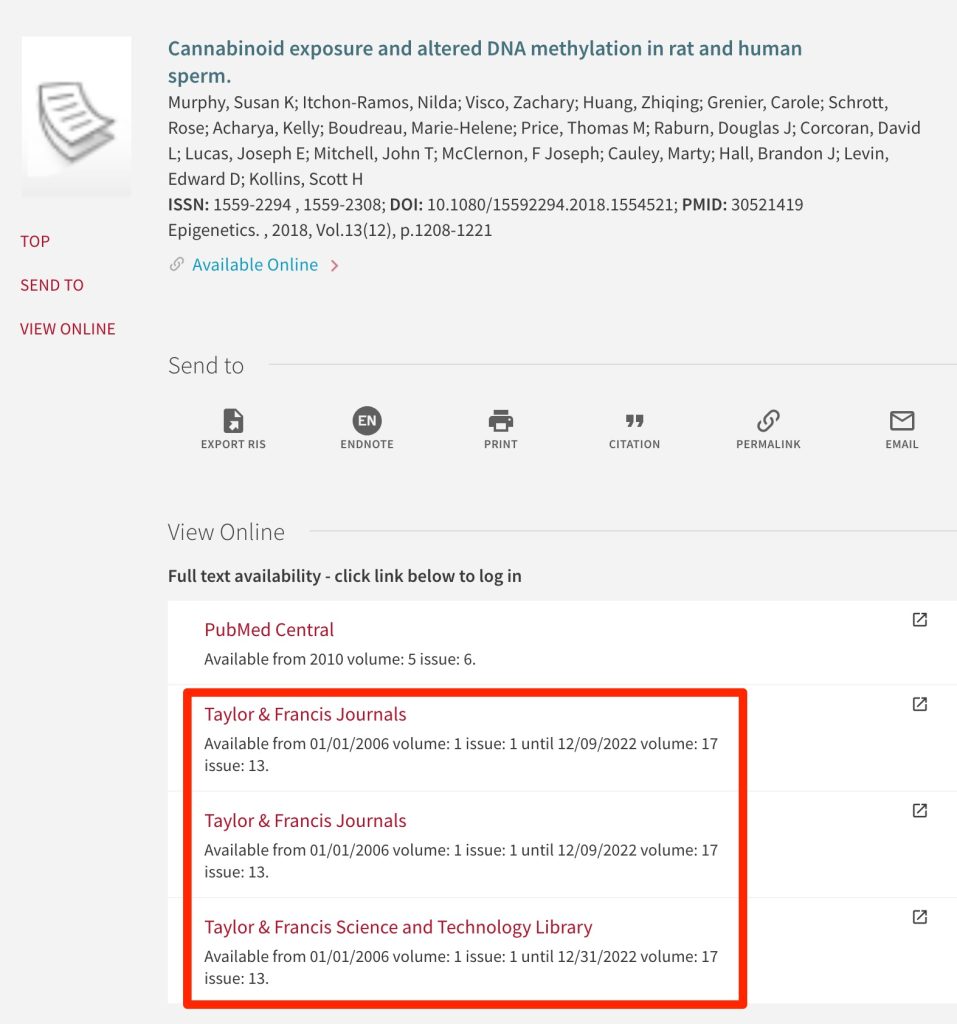 A screenshot showing the position of the "Taylor and Francis" links for this article.