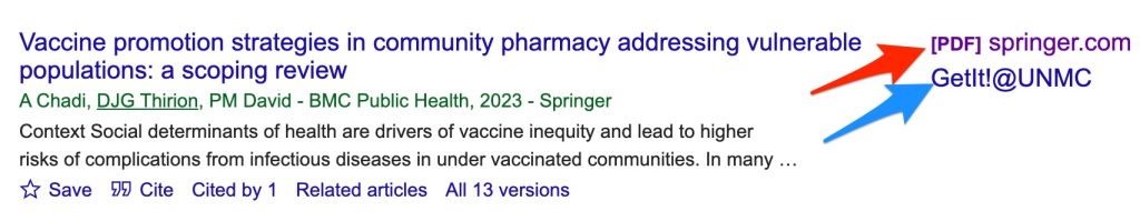 A screenshot shows the "springer.com" link to the freely available form and the "GetIt!@UNMC" link to the same article which is licensed by UNMC.