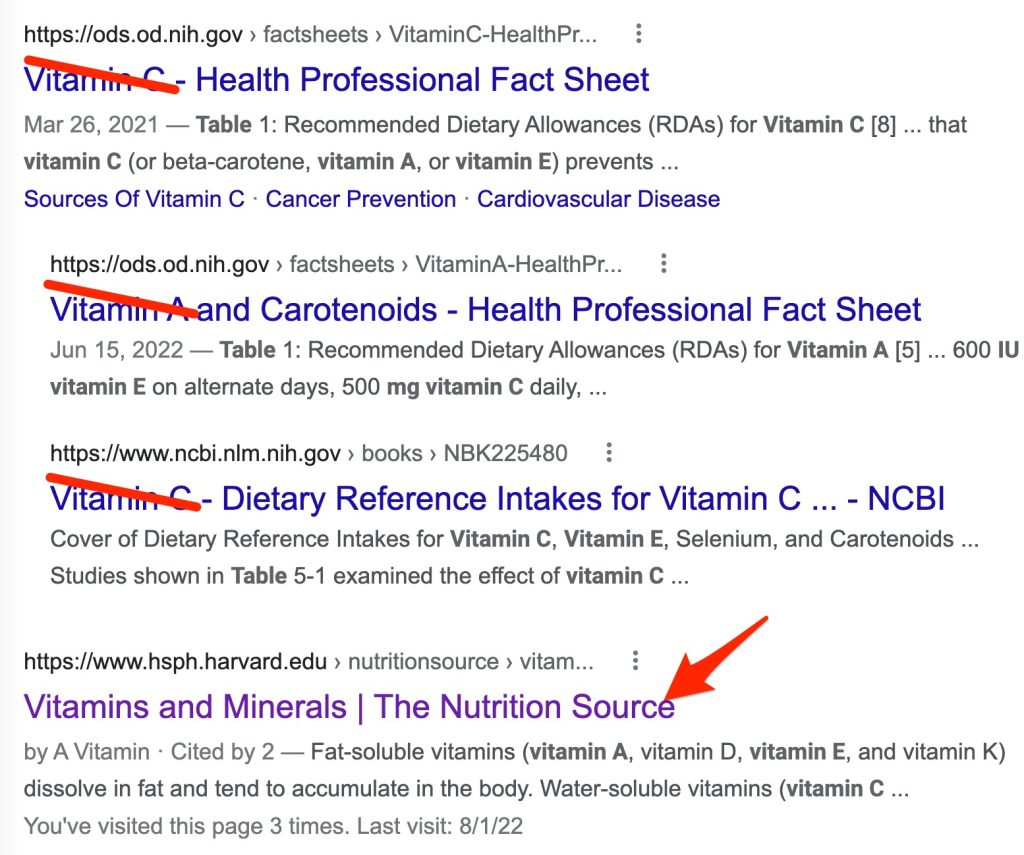 A screenshot shows the first few search results. Those discussing a single vitamin have been crossed out. An arrow points to the fourth result (which is from Harvard).