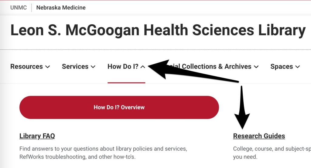 A screenshot shows use of the "How do I?" menu to select the "Research Guides" option.