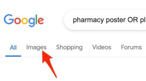 An arrow shows the position of the "images" search tab under the "Google" logo.