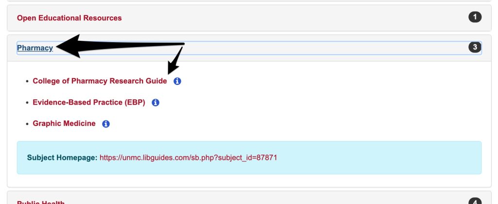 A screenshot shows that the "Pharmacy" category includes the "College of Pharmacy Research Guide"