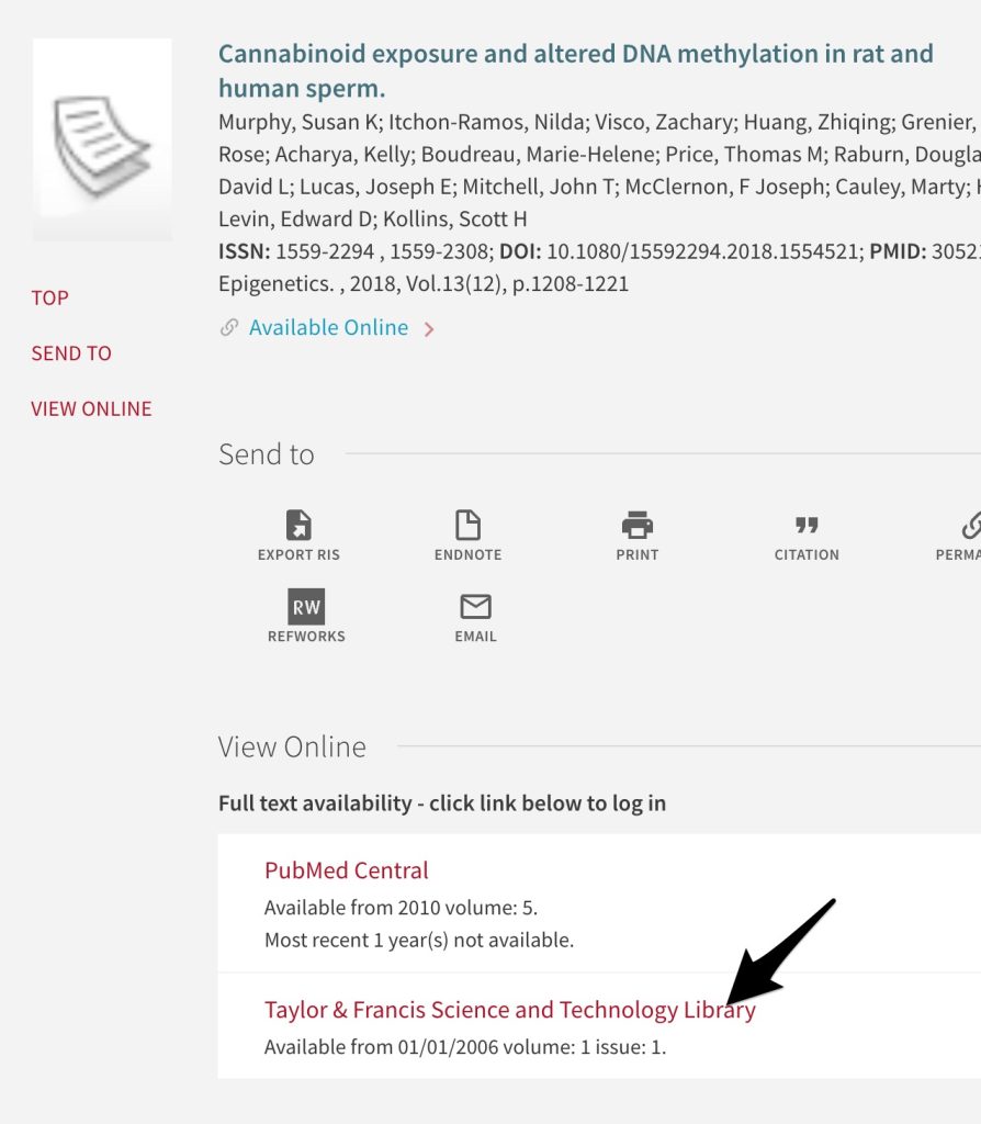 A screenshot shows the location of the page produced by clicking the "GetIt@UNMC" button and the location of the full-text link/s on that page.