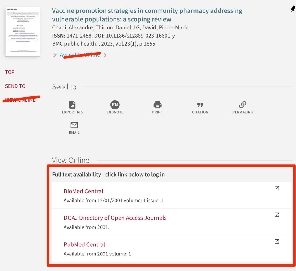 A screenshot showing the position of the links for licensed or freely available article sources.