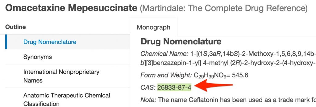 A screenshot shows the position of the CAS Registry number in the Omacetaxine monograph