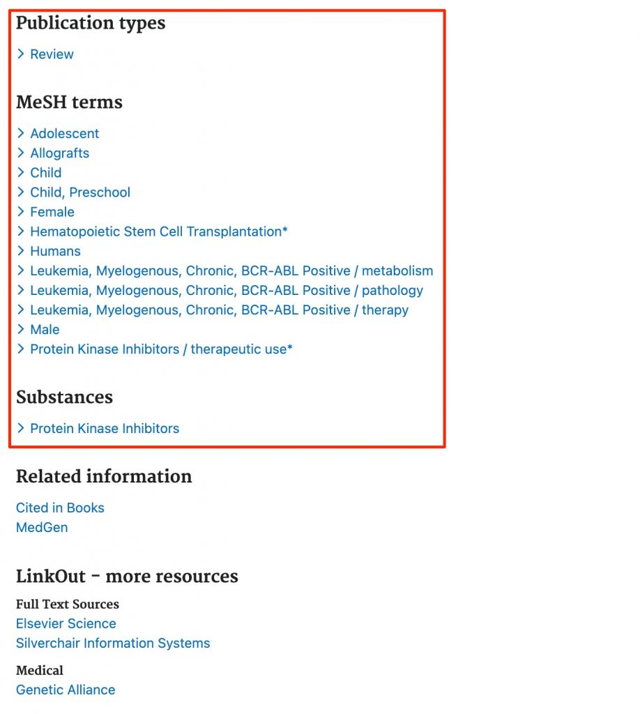 The publication types, MeSH terms and Substances section of a PubMed record.