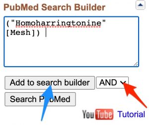 A screenshot shows the "PubMed Search Builder" box. An arrow points to the "Boolean operator" drop-down menu. A second arrow points to the "Add to search builder" button.