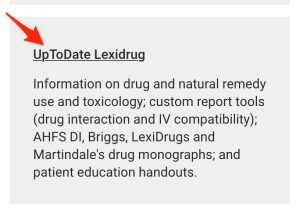 A screenshot indicates the position of the "UpToDate LexiDrug" link.