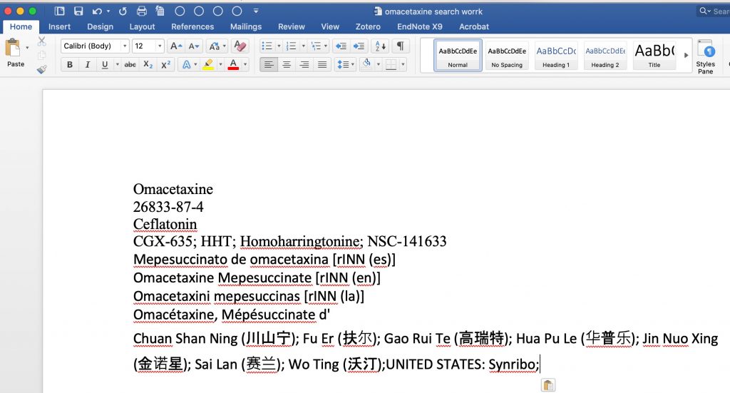 A screenshot of the names for omacetaxine that have been gathered in the Word document.