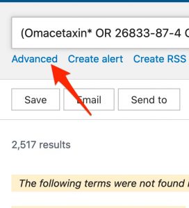 A screenshot shows the position of the "Advanced" link under and on the left side of the PubMed search box.