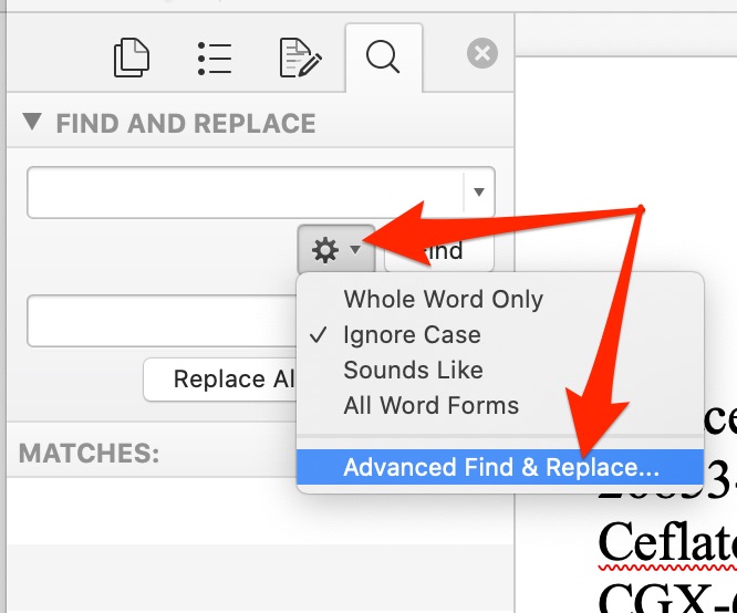 A screenshot showing the method for selecting "Advanced Find & Replace" in Word for Mac.